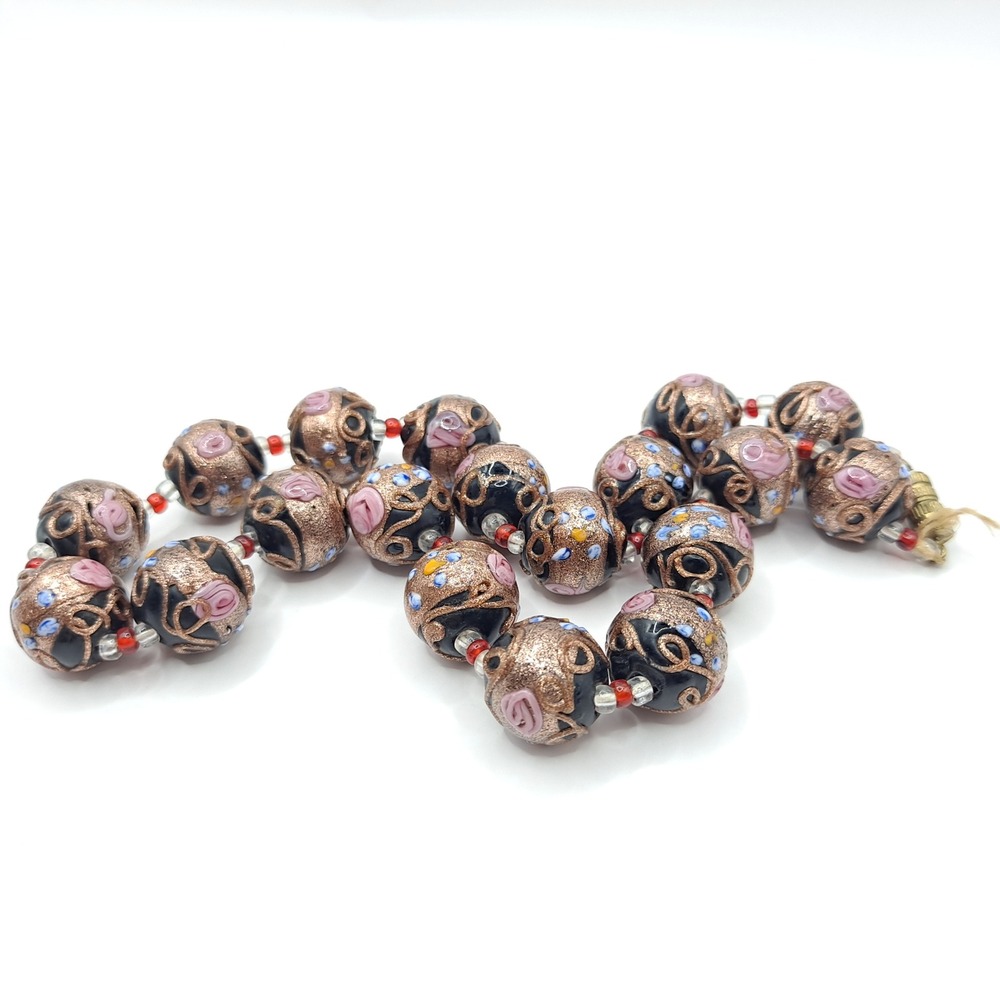 Vintage Wedding Cake Bead Necklace Millefiori Glass Goldtone Black Pink 15" READ - Picture 8 of 14